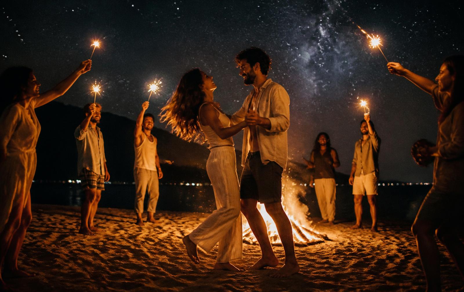 Couple dancing barefoot on a beach at night surrounded by friends with sparklers